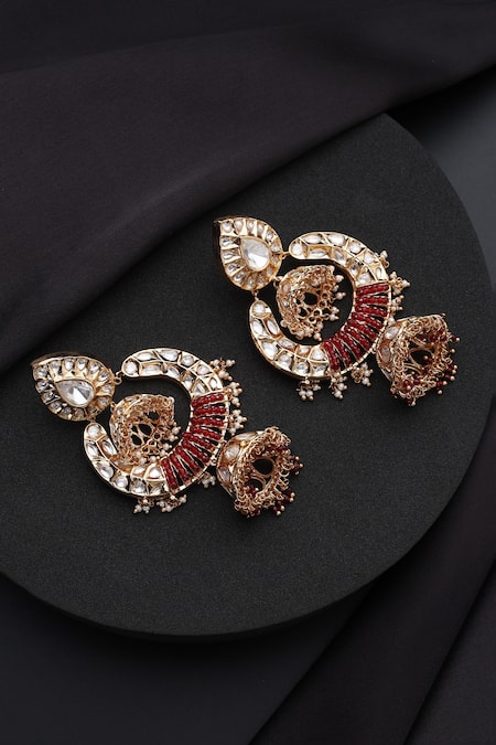 Shop_Swabhimann_Red Rose Gold Polki Jhumka Earrings _at_Aza_Fashions