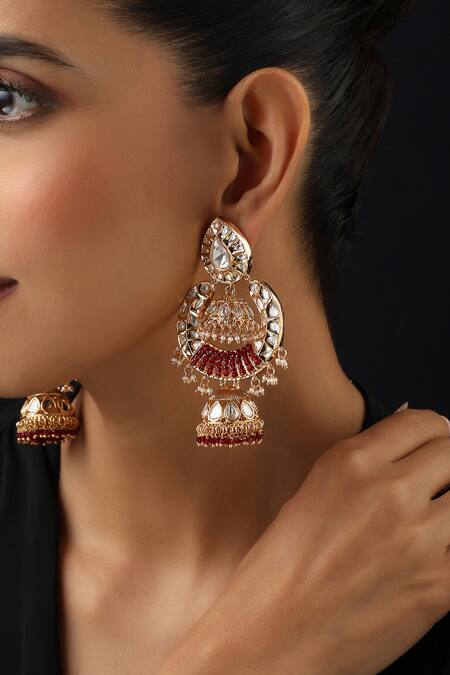 Shop_Swabhimann_Red Rose Gold Polki Jhumka Earrings _Online_at_Aza_Fashions