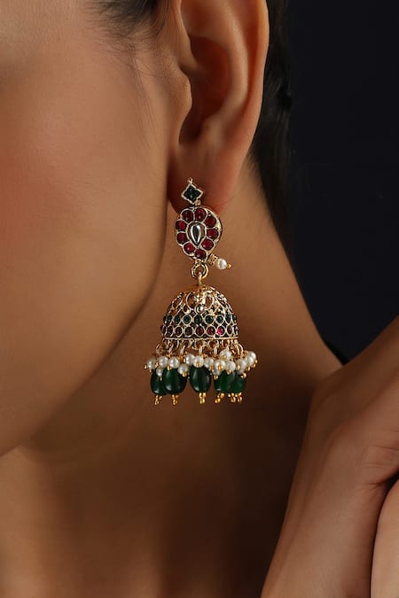 Swabhimann_Multi Color Gemstones, Pearls Multicolour Temple Jhumka Earrings_Online_at_Aza_Fashions