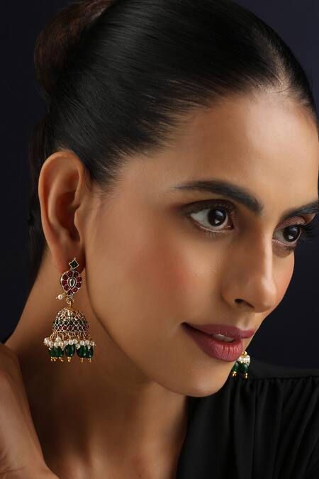 Buy_Swabhimann_Multi Color Gemstones, Pearls Multicolour Temple Jhumka Earrings_Online_at_Aza_Fashions