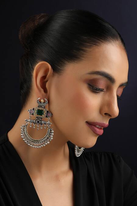 Swabhimann_Multi Color Imitation Gemstones Multicolour Silver Chandbali Earrings_Online_at_Aza_Fashions