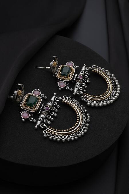 Buy_Swabhimann_Multi Color Imitation Gemstones Multicolour Silver Chandbali Earrings_Online_at_Aza_Fashions