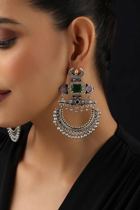 Shop_Swabhimann_Multi Color Imitation Gemstones Multicolour Silver Chandbali Earrings_Online_at_Aza_Fashions