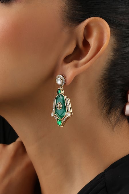 Swabhimann_Green Stones Polki Dangler Earrings _Online_at_Aza_Fashions
