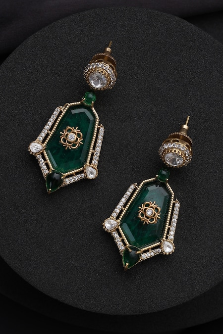Shop_Swabhimann_Green Stones Polki Dangler Earrings _at_Aza_Fashions