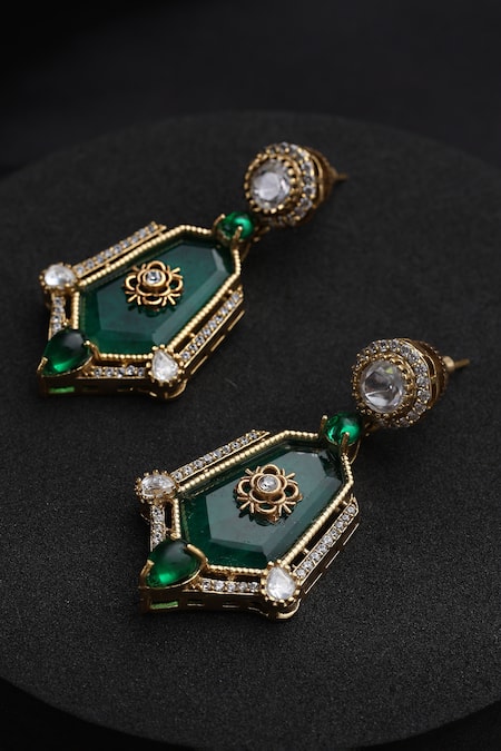 Shop_Swabhimann_Green Stones Polki Dangler Earrings _Online_at_Aza_Fashions