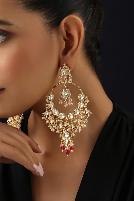 Swabhimann_Red Pearls Kundan Chandbali Earrings _Online_at_Aza_Fashions