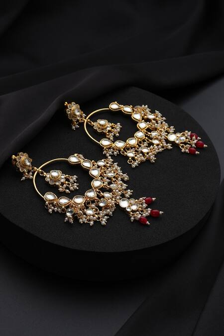 Shop_Swabhimann_Red Pearls Kundan Chandbali Earrings _Online_at_Aza_Fashions