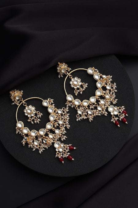 Shop_Swabhimann_Red Pearls Kundan Chandbali Earrings _at_Aza_Fashions