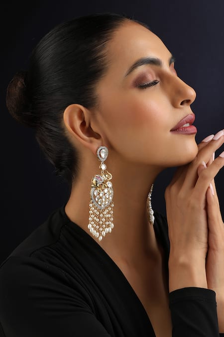 Swabhimann_White Pearls Polki And Dangler Earrings _Online_at_Aza_Fashions