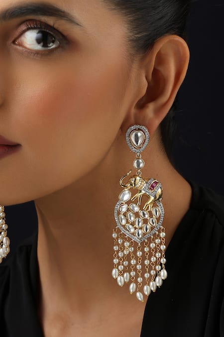 Buy_Swabhimann_White Pearls Polki And Dangler Earrings _Online_at_Aza_Fashions