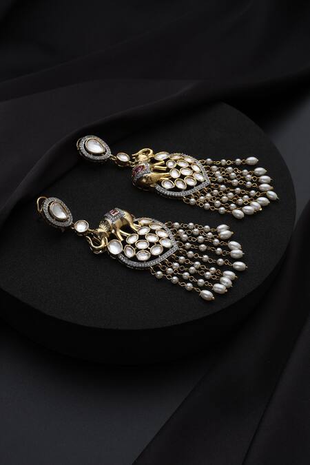 Shop_Swabhimann_White Pearls Polki And Dangler Earrings _Online_at_Aza_Fashions