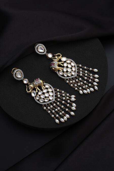 Shop_Swabhimann_White Pearls Polki And Dangler Earrings _at_Aza_Fashions