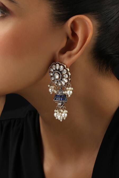 Swabhimann_Blue Pearls Victorian Polki Jhumka Earrings _Online_at_Aza_Fashions