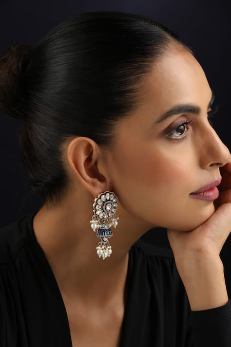 Buy_Swabhimann_Blue Pearls Victorian Polki Jhumka Earrings _Online_at_Aza_Fashions