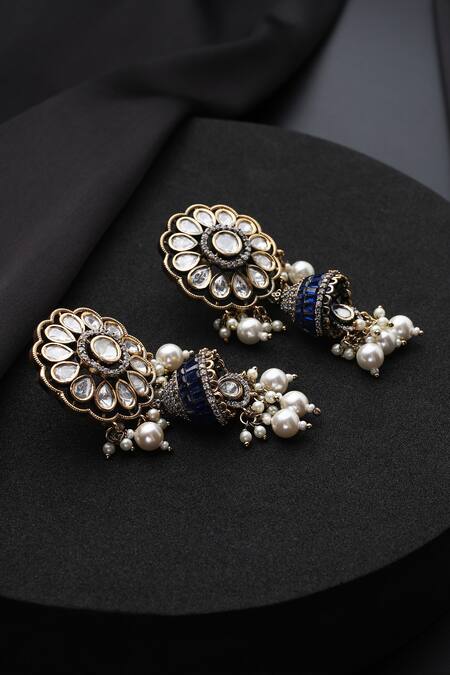 Shop_Swabhimann_Blue Pearls Victorian Polki Jhumka Earrings _Online_at_Aza_Fashions