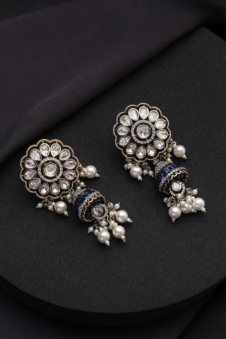 Shop_Swabhimann_Blue Pearls Victorian Polki Jhumka Earrings _at_Aza_Fashions