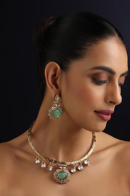 Swabhimann_Mint Polki Hasli Necklace Set_Online_at_Aza_Fashions