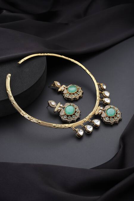 Buy_Swabhimann_Mint Polki Hasli Necklace Set_Online_at_Aza_Fashions