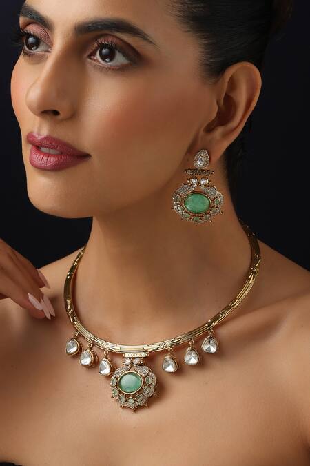 Shop_Swabhimann_Mint Polki Hasli Necklace Set_Online_at_Aza_Fashions