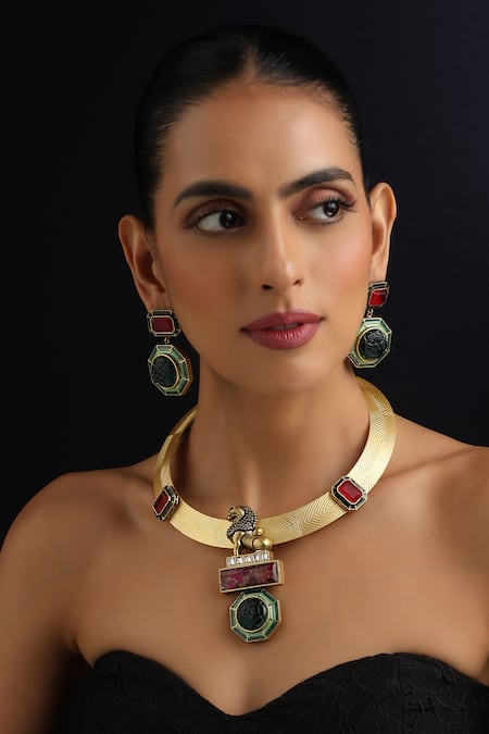 Swabhimann_Gold Plated Imitation Gemstones Emerald And Ruby Hasli Necklace Set_Online_at_Aza_Fashions