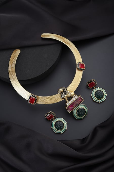 Shop_Swabhimann_Gold Plated Imitation Gemstones Emerald And Ruby Hasli Necklace Set_at_Aza_Fashions
