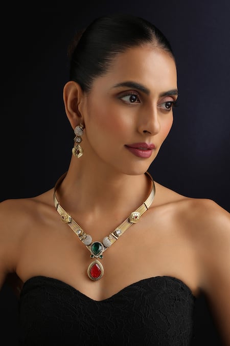 Swabhimann_Gold Plated Gemstones, Rhinestones Emerald And Ruby Hasli Necklace Set _Online_at_Aza_Fashions