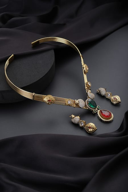 Buy_Swabhimann_Gold Plated Gemstones, Rhinestones Emerald And Ruby Hasli Necklace Set _Online_at_Aza_Fashions