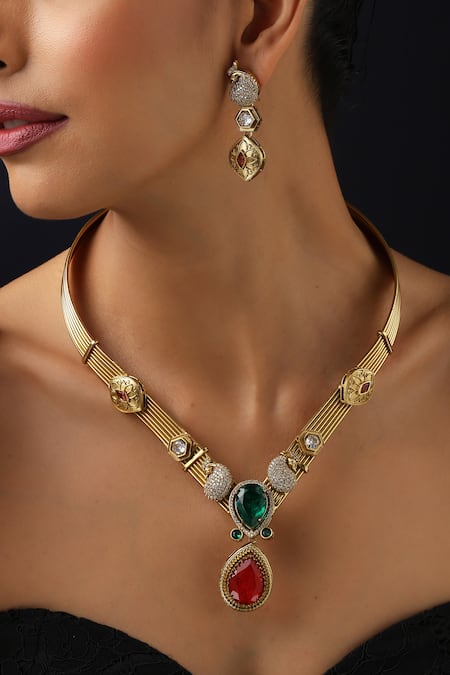 Shop_Swabhimann_Gold Plated Gemstones, Rhinestones Emerald And Ruby Hasli Necklace Set _Online_at_Aza_Fashions