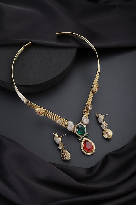 Shop_Swabhimann_Gold Plated Gemstones, Rhinestones Emerald And Ruby Hasli Necklace Set _at_Aza_Fashions