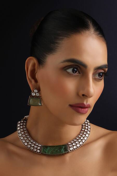 Swabhimann_Mint Stones Polki Hasli Necklace Set _Online_at_Aza_Fashions