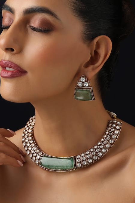 Buy_Swabhimann_Mint Stones Polki Hasli Necklace Set _Online_at_Aza_Fashions