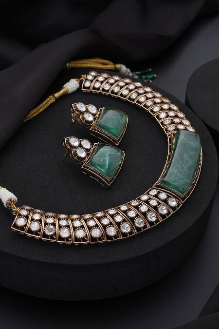 Shop_Swabhimann_Mint Stones Polki Hasli Necklace Set _Online_at_Aza_Fashions