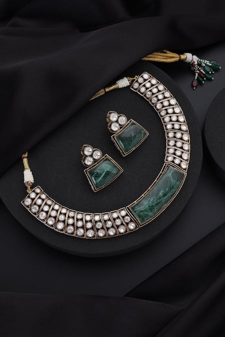 Shop_Swabhimann_Mint Stones Polki Hasli Necklace Set _at_Aza_Fashions