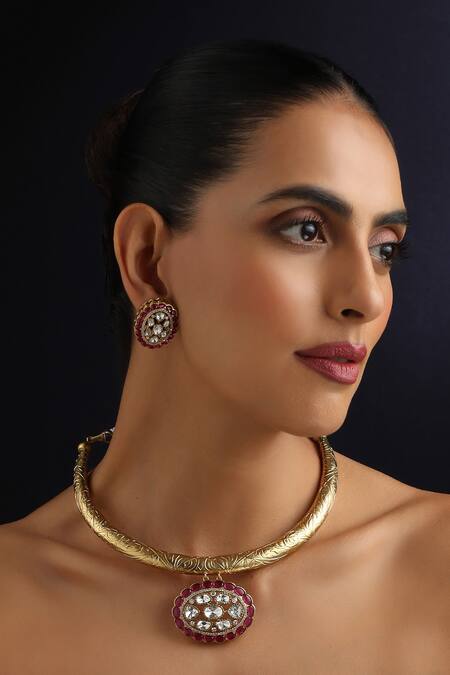 Swabhimann_ Ruby Polki Hasli Necklace Set_Online_at_Aza_Fashions