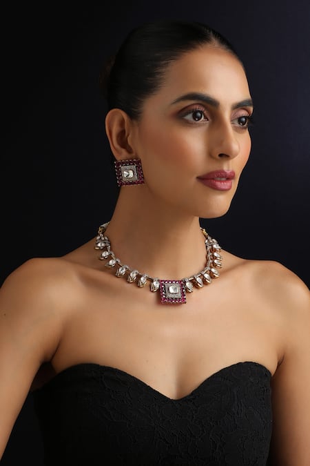 Swabhimann_Red Stones, Ruby Polki Hasli Necklace Set _Online_at_Aza_Fashions