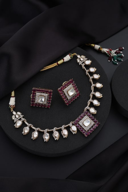 Shop_Swabhimann_Red Stones, Ruby Polki Hasli Necklace Set _at_Aza_Fashions