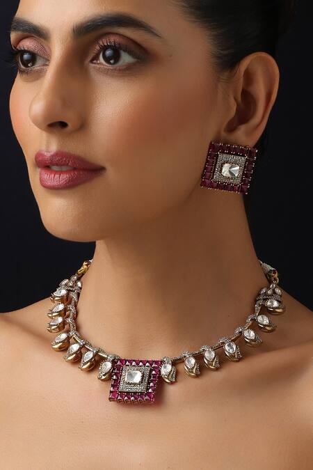 Buy_Swabhimann_Red Stones, Ruby Polki Hasli Necklace Set _Online_at_Aza_Fashions