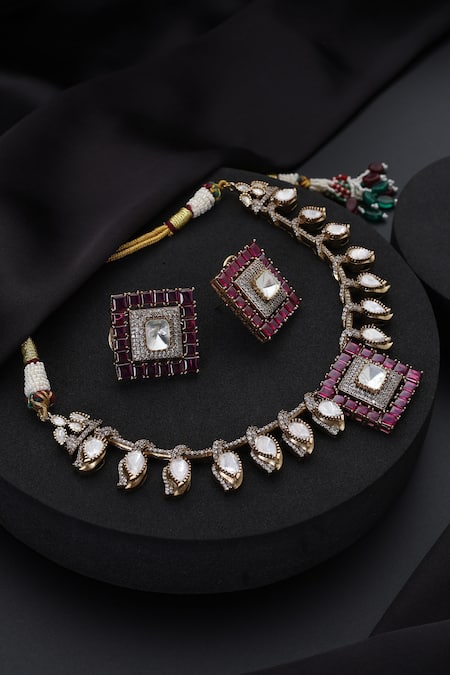 Shop_Swabhimann_Red Stones, Ruby Polki Hasli Necklace Set _Online_at_Aza_Fashions