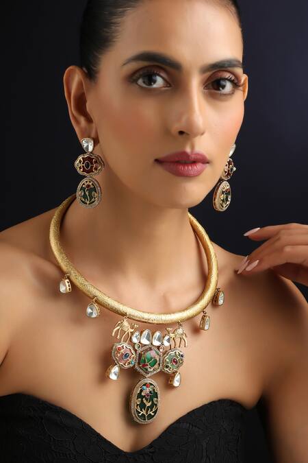 Swabhimann_Multi Color Multicolour Polki Hasli Necklace Set _Online_at_Aza_Fashions