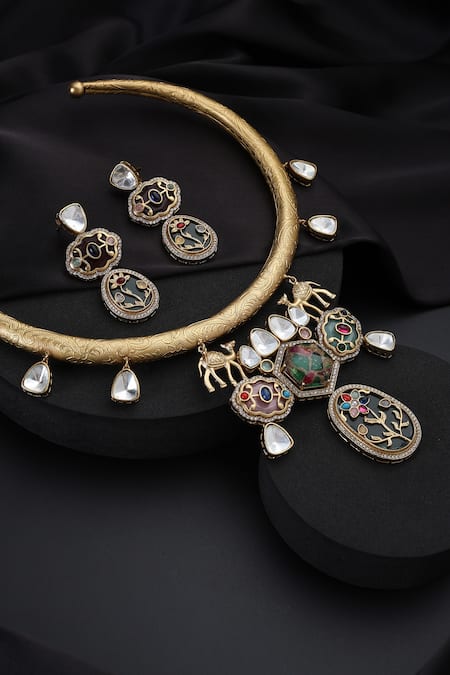 Shop_Swabhimann_Multi Color Multicolour Polki Hasli Necklace Set _Online_at_Aza_Fashions