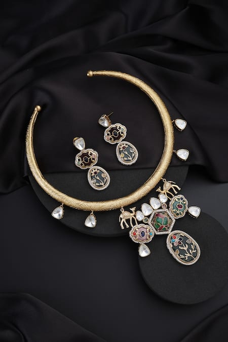 Shop_Swabhimann_Multi Color Multicolour Polki Hasli Necklace Set _at_Aza_Fashions