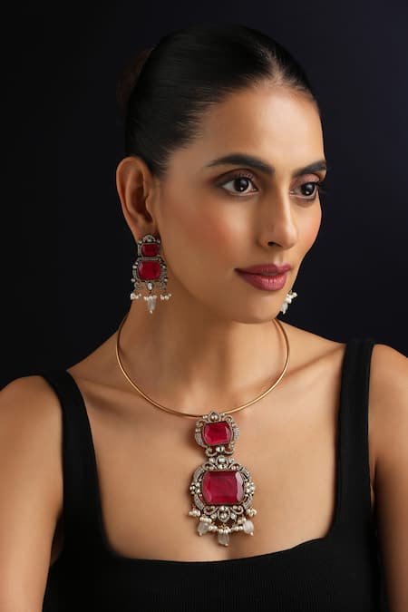 Swabhimann_Red Ruby Polki Hasli Necklace Set _Online_at_Aza_Fashions