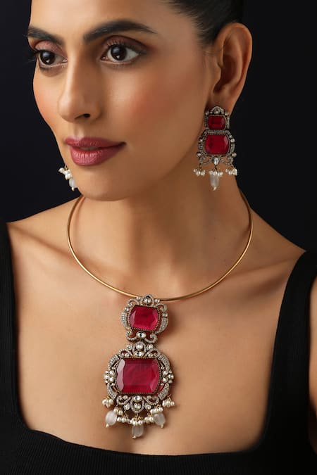 Buy_Swabhimann_Red Ruby Polki Hasli Necklace Set _Online_at_Aza_Fashions