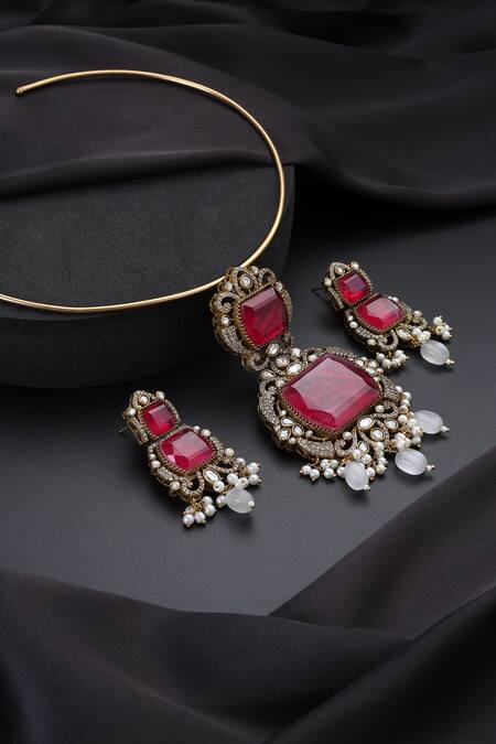 Shop_Swabhimann_Red Ruby Polki Hasli Necklace Set _Online_at_Aza_Fashions