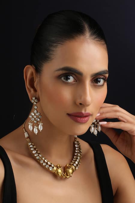 Swabhimann_Gold Plated Polki Hasli Necklace Set _Online_at_Aza_Fashions