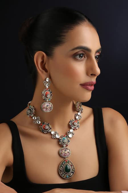 Swabhimann_Multi Color Multicolour Polki Long Necklace Set _Online_at_Aza_Fashions