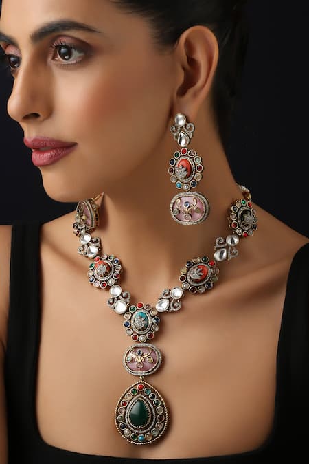 Buy_Swabhimann_Multi Color Multicolour Polki Long Necklace Set _Online_at_Aza_Fashions