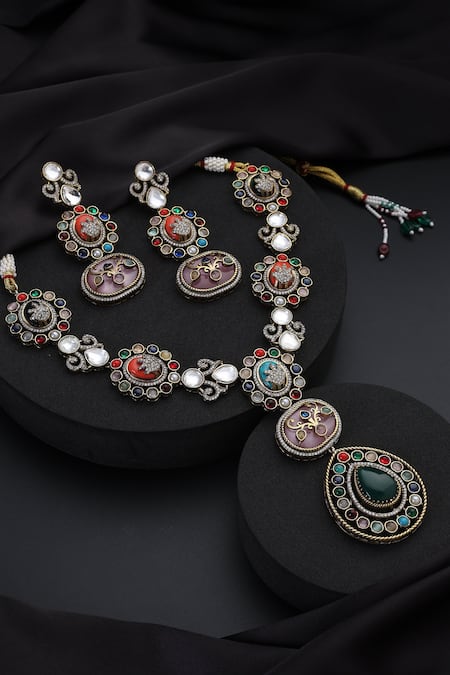 Shop_Swabhimann_Multi Color Multicolour Polki Long Necklace Set _Online_at_Aza_Fashions