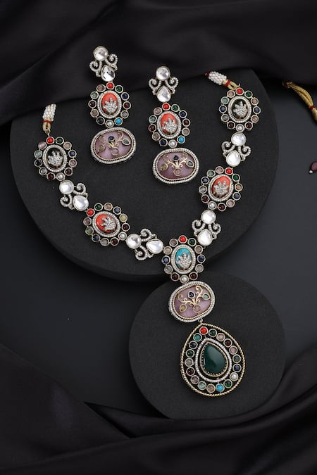 Shop_Swabhimann_Multi Color Multicolour Polki Long Necklace Set _at_Aza_Fashions